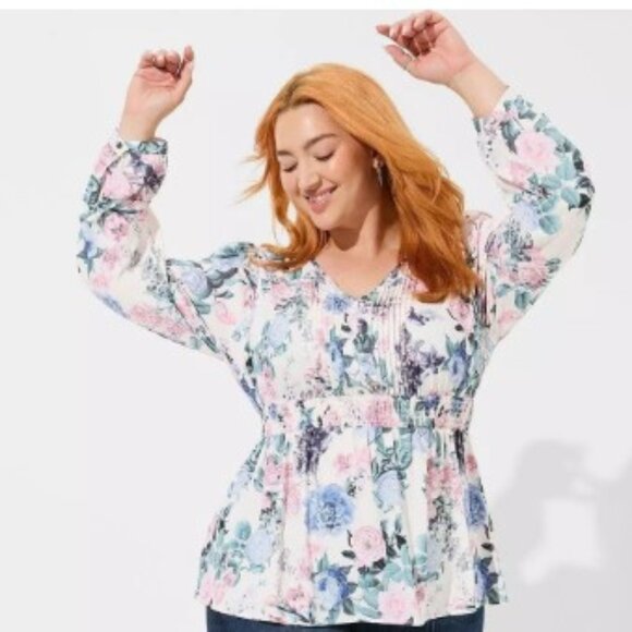 Torrid Babydoll Georgette Pintuck Long Sleeve Blouse 1x - Picture 1 of 5